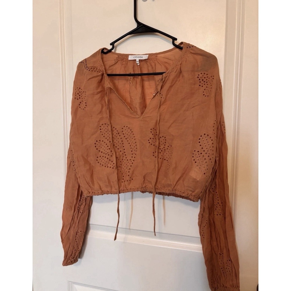 FRAME Denim Terracotta Eyelet Crop Top M Ramie Lantern Sleeve Boho Festival
